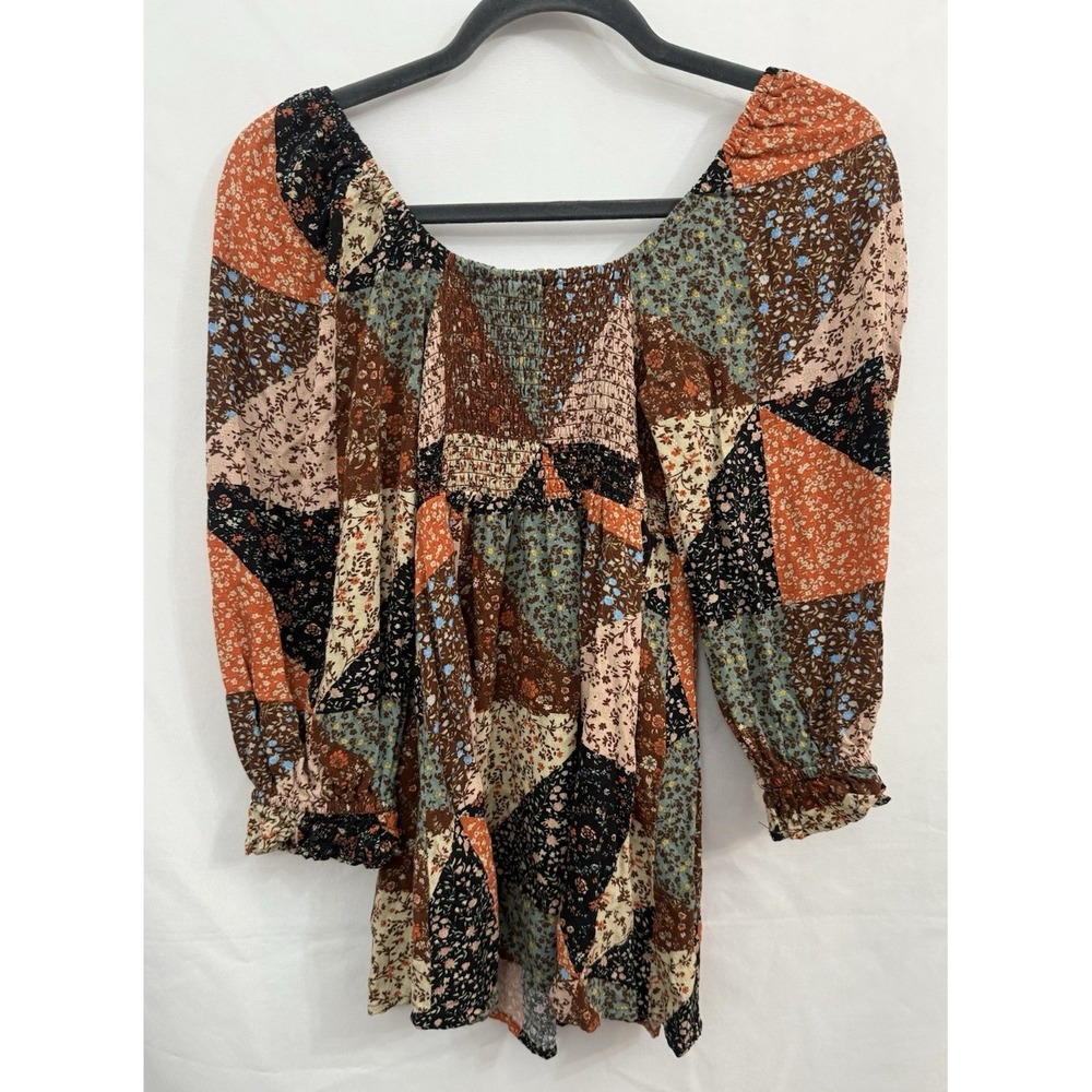 SO Patchwork Peasant Blouse Boho Floral Smocked Fall Festival Top Womens Size S - Picture 2 of 10